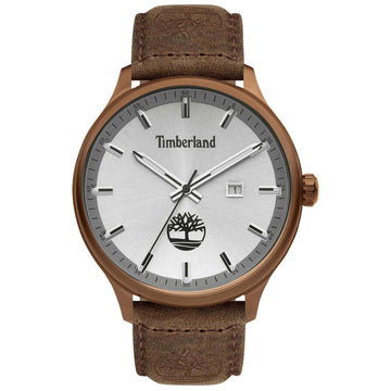 Αντρικό ρολόι Timberland Southford TDWGB2102203 με καφέ δερμάτινο λουράκι και ασημί καντράν διαμέτρου 46mm με ημερομηνία.